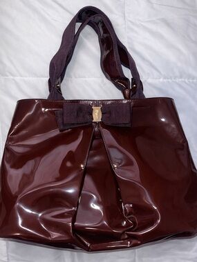 Salvatore Ferragamo Patent Bow Tote in Deep Wine